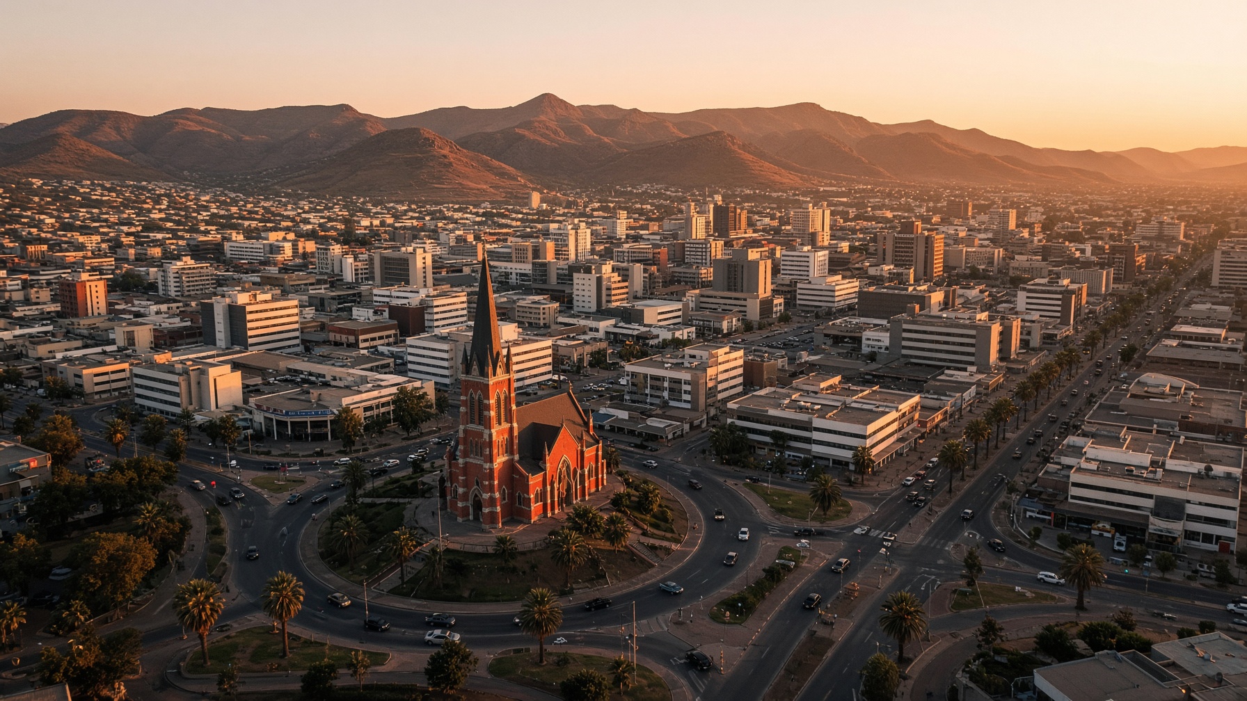 Christuskirche and downtown Windhoek at sunset
